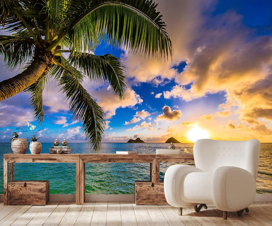 Sunset Seascape Wallpaper Palm Tree Beach Wall Mural for Living Room Bedroom Dining Room Basement(Not Self-Adhesive)