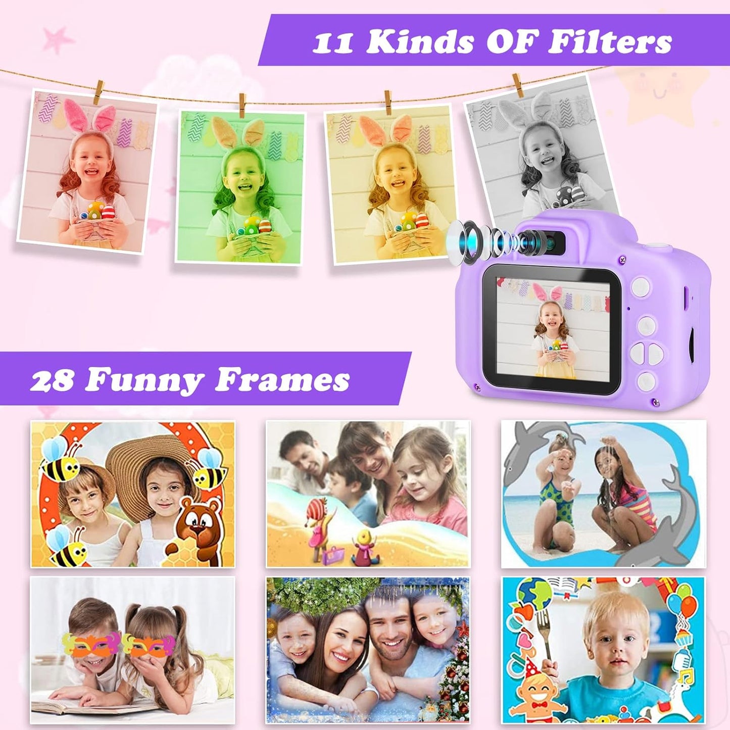 Kids Camera, HD Digital Video Camera, Childrens Toys for 3 4 5 6 7 8 9 Year Old Boys/Girls, Selfie Camera for Kids, Christmas Birthday Gifts with 32GB SD Card (Purple)