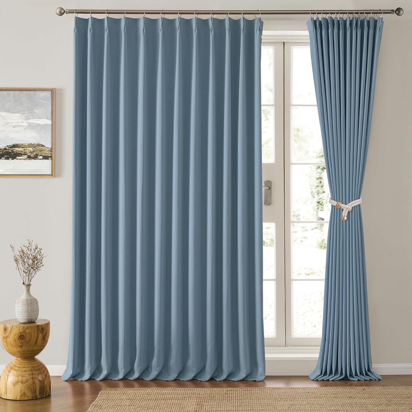 KEQIAOSUOCAI Dusty Blue Pleat Wide Width Drapes 80 x 108 inch Long 2 Panels - Thermal Insulated Room Divider Curtains for Bedroom/Living Room/Patio, Pinch Pleated Curtain Panel with Hooks