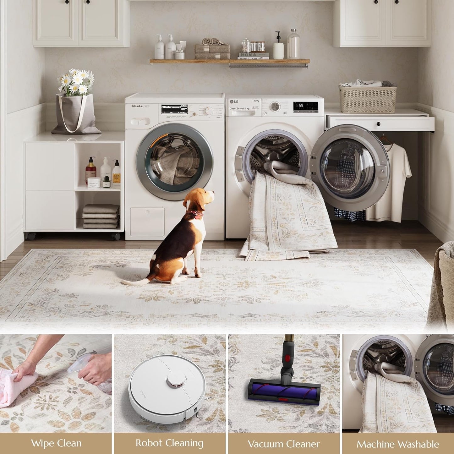 jinchan Vintage Floral 3x5 Area Rugs for Entryway - Machine Washable Distressed Design Ultra-Thin Low-Pile Soft Non-Shedding Carpet for Kitchen Bedroom Entrance Laundry Living Room (3x5ft,Light Grey)