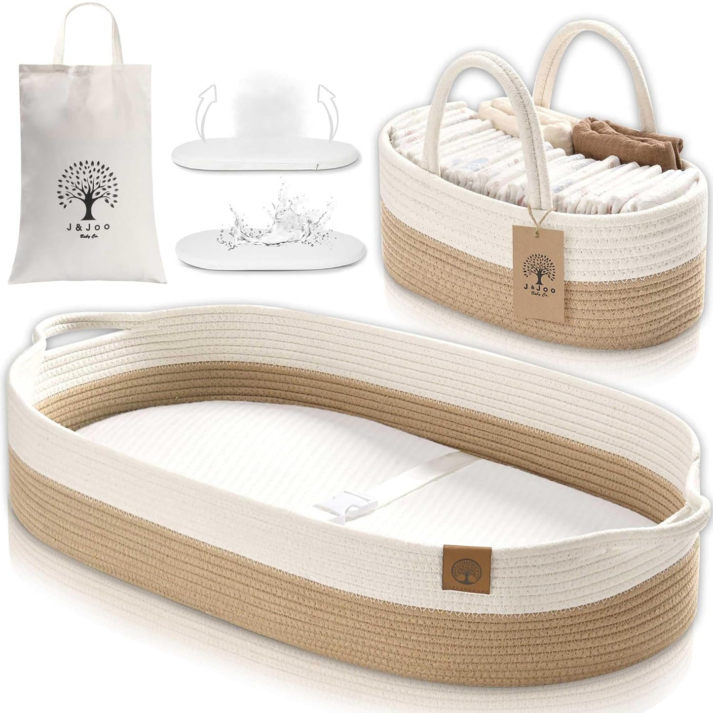 J&JOO Baby Changing Basket includes Diaper Caddy - Breathable & Waterproof Dual-Cover, Portable, Changing Pad for Dresser & Changing Table, Gift for Baby Shower (Brown & White, Diaper Caddy Set)