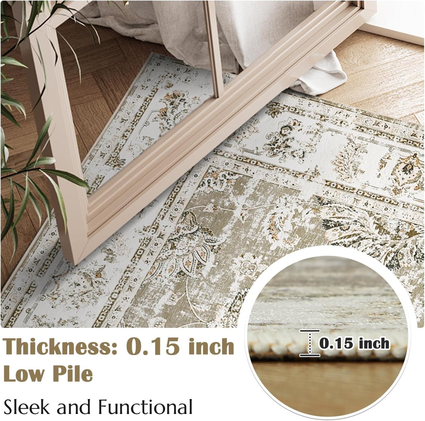 jinchan Runner Rug 3x10-2pcs Kitchen Washable Vintage Hallway Rug Floral Print Floor Cover Indoor Thin Retro Mat Accent for Bathroom Laundry Room Bedroom Office Farmhouse (Double,Taupe)
