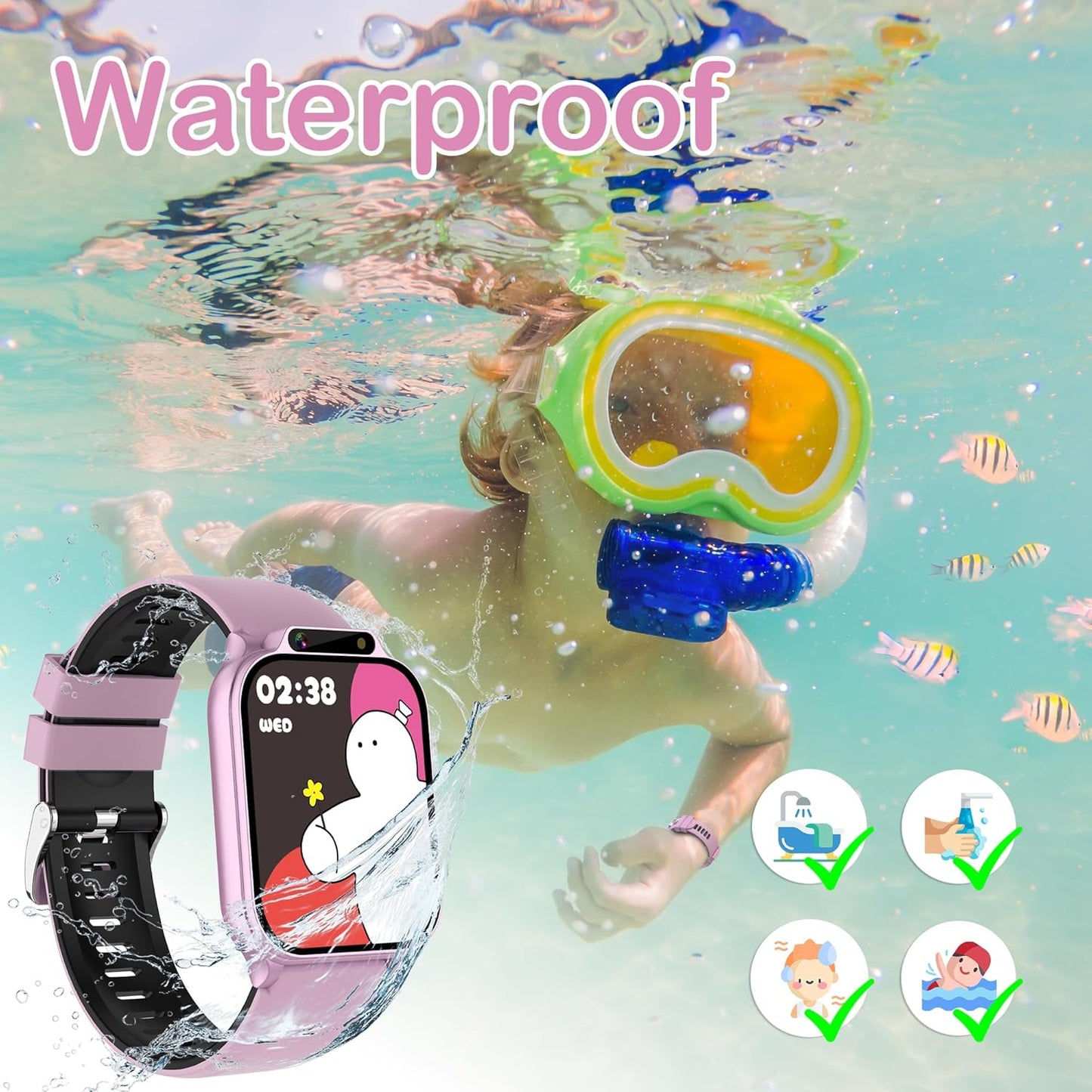 Kids Smart Watches Girls with Fitness & Sleep Tracker, Waterproof Sport Modes SOS DIY Dial Heart Rate Blood Oxygen Monitor HD Camera Games Music Recorder, NO APP/Phone, Gift for 5-14 Teen Girls