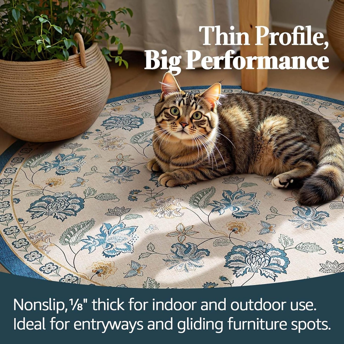 jinchan 8ft Floral Round Rug for Dining Room Washable Living Room Rug Vintage Romance Design Non Slip Indoor Floor Cover Lightweight Low-Profile Throw Carpet for Bedroom Porch Patio, Blue/Beige