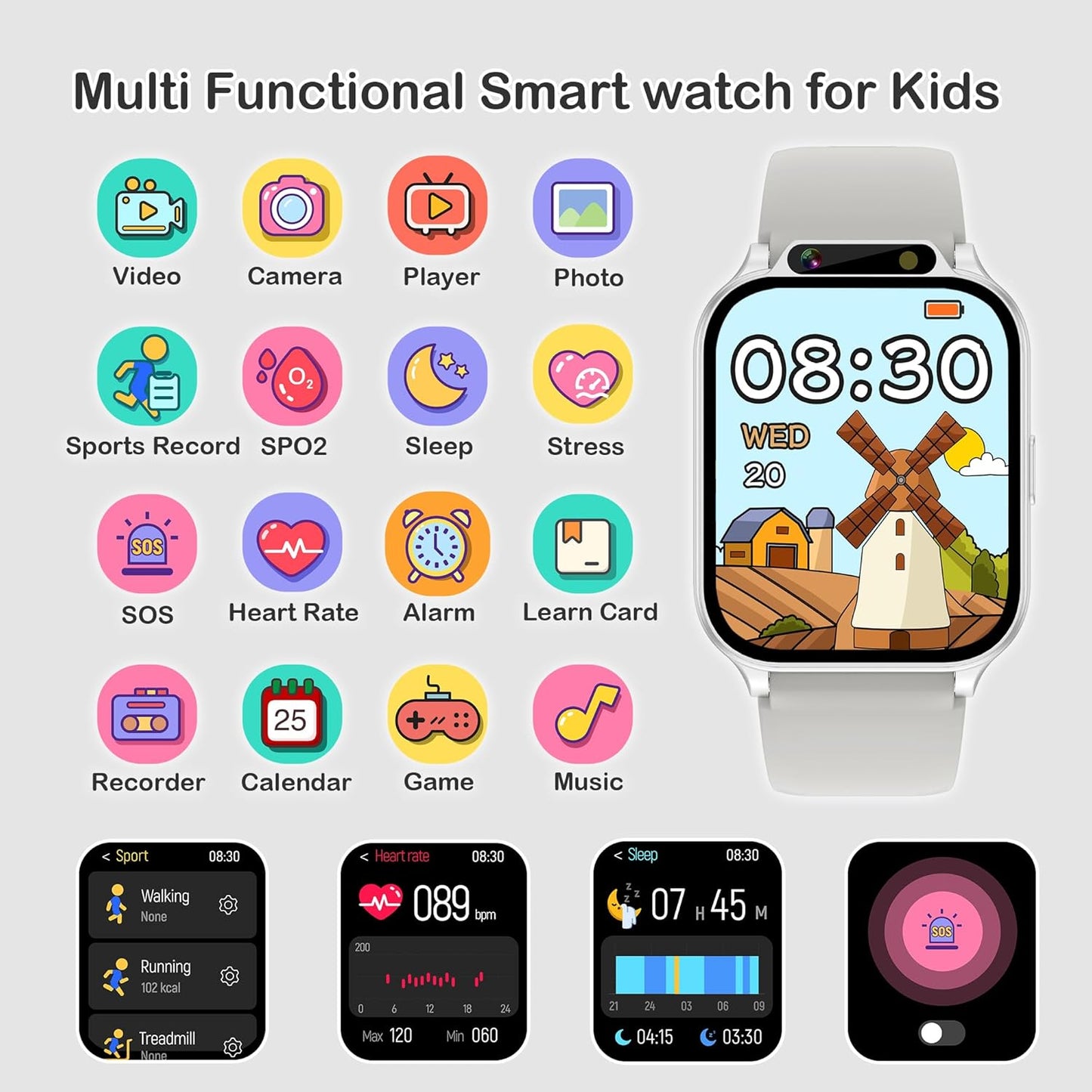 Kids Smart Watch with Fitness & Sleep Tracker, Waterproof Smart Watch for Kids with Heart Rate & Blood Oxygen Monitor, HD Camera, Games, Music, Recorder, Gifts for Boys Girls 5-12(Silver)