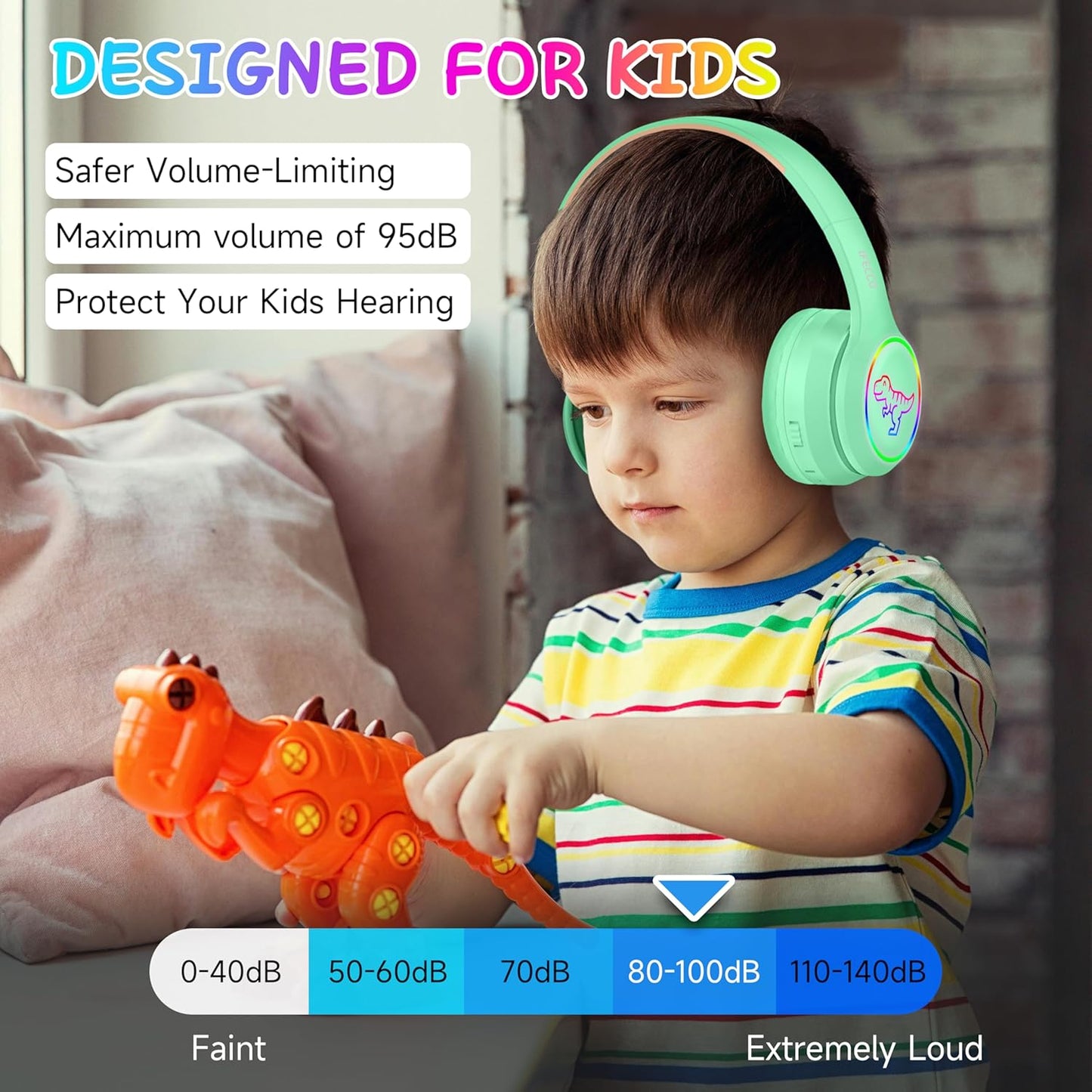 IFECCO Kids Wireless Headphones with Microphone,Cute Light Up Dinosaur Children Boys Girls Bluetooth Headphones with Case for School Travel Gifts