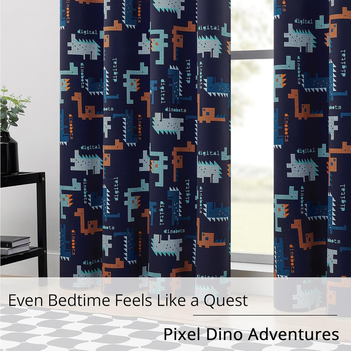 Kids Blackout Curtains - Pixel Dinosaur Curtains, 100% Blackout, 2 Panels, Each W52×L84, Thermal Insulated, Noise Reducing for Kids Bedroom, Bring a Playful and Retro Touch to Your Child’s Room