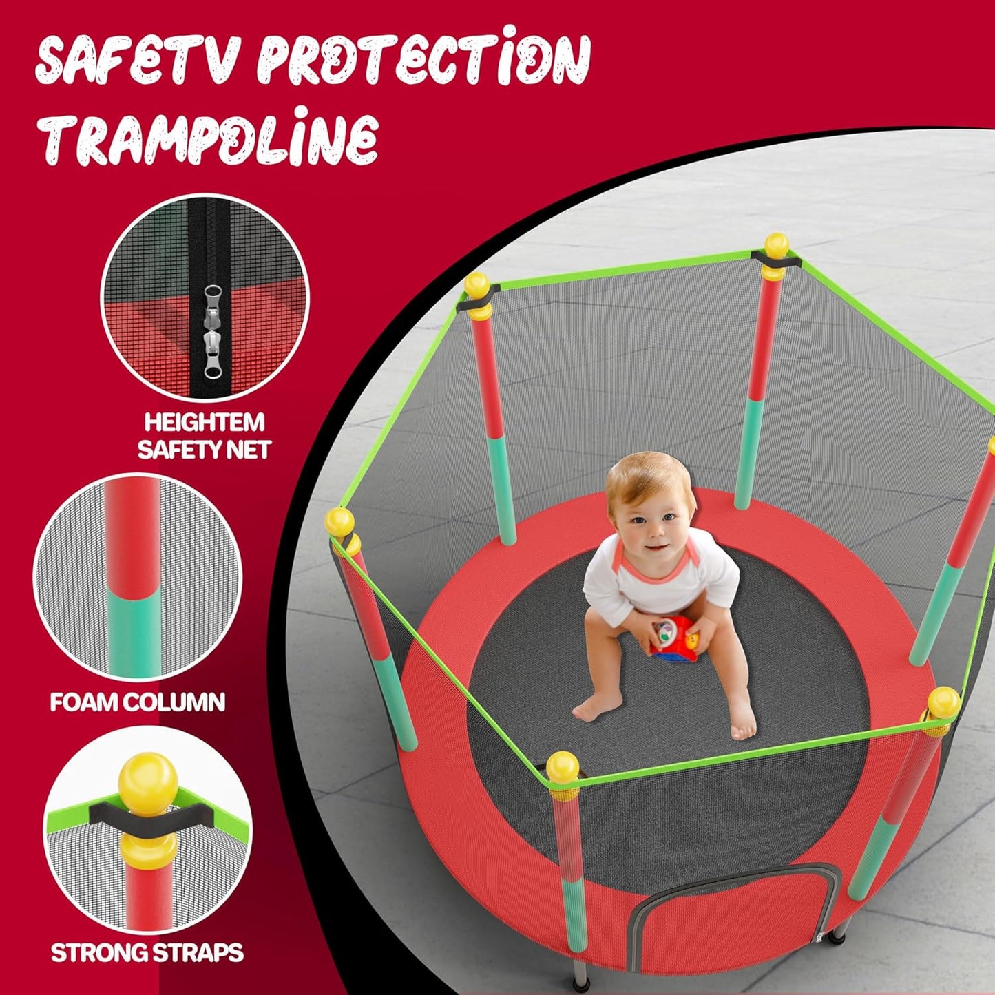 55IN Trampoline for Kids - Indoor/Outdoor Play with Enclosure Net - Easy to Assemble Recreational Trampoline - Red