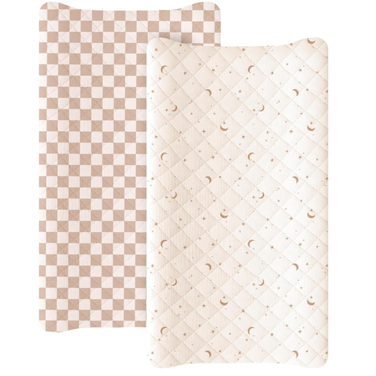 Konssy Waterproof Muslin Changing Pad Cover 2 Pack, Quilted Cotton Fitted Diaper Changing Table Cover, Soft Changing Pad Sheets for Girls Boys (Coffee Check,Moon)