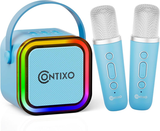 Contixo KS1A Kids Mini Karaoke Machine with LED Lights, 7–10H Playback, Dual Wireless Mics, Magic Voice Effects, Bluetooth Speaker for Children, Portable Singing Toy Gift for Boys & Girls, Blue