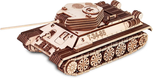 3D Wooden Puzzles for Adults - DIY T-34-85 Tank 3D Puzzle Model Kit with Rubber Band Engine, Rolling Wheels & Rotating Cannon - 3D Wooden Puzzle for 15 yrs Above & Adults - Eco Wood Art, 965 Pieces