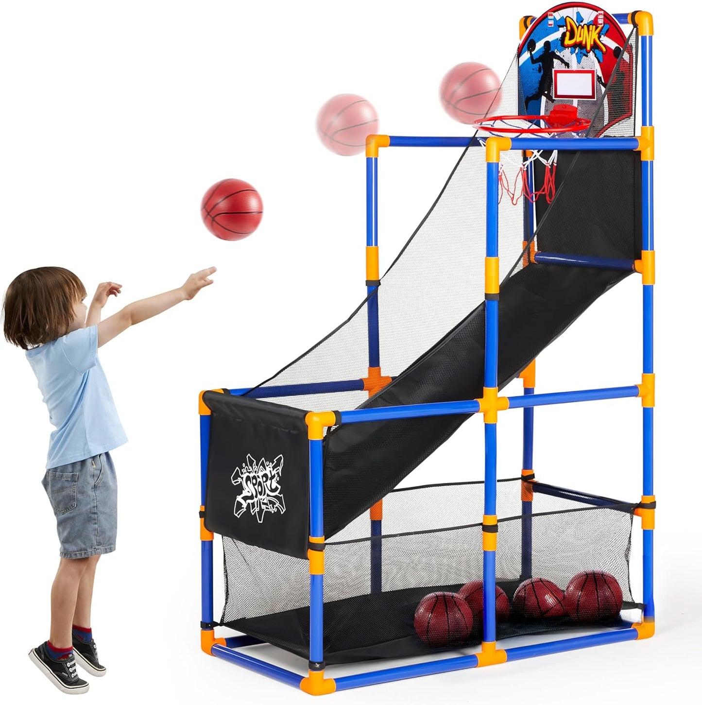 JOYIN Arcade Basketball Game Set with 4 Balls and Hoop for Kids 3 to 12 Years Old Indoor Outdoor Sport Play - Easy Set Up - Air Pump Included - Ideal for Competition