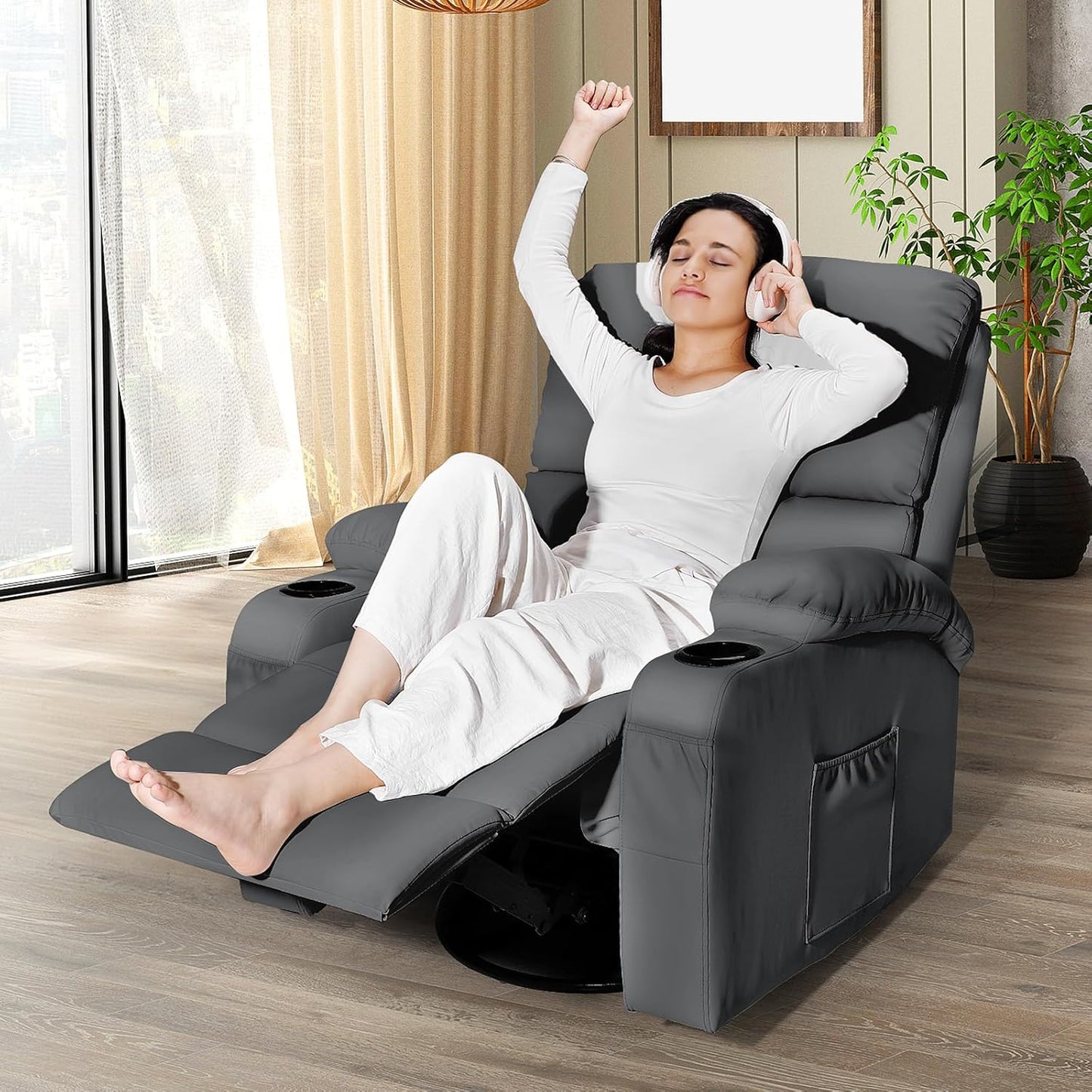 Rocking Recliner Chair, Massage Rocker Recliner Chair with Vibration Massage and Heat, USB and Type-C Ports,360° Swivel Faux Leather Chairs, Living Room, Bedroom, Nursery, RV, Dark Grey