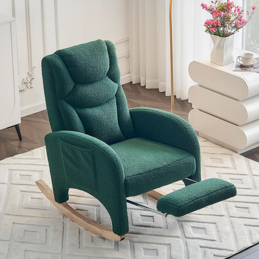 Rocking Chair Nursery, Modern Glider Chair with Adjustable Footrest and Solid Wood Legs, High Backrest Nursery Chair with Side Pocket, Rocker Armchair for Living Room Bedroom, Teddy Green