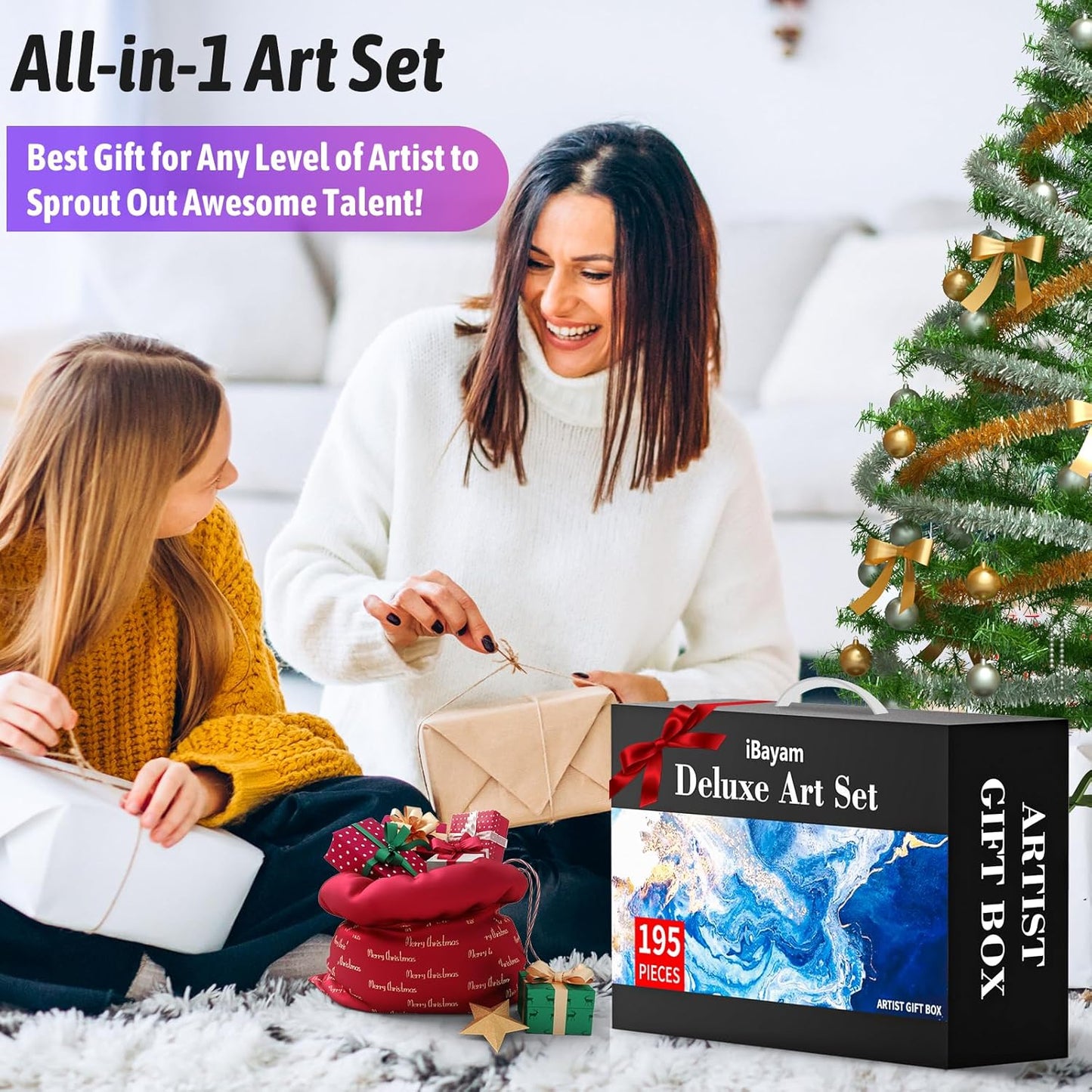 iBayam Art Set for Kids Teens Girls Boys Adult, 195-Pack Deluxe Artist Gift Box with 3 PCS Drawing Pads, A4 Canvases, Arts and Crafts Kits, Painting, Drawing & Art Supplies with 24 Color Acrylic Paint