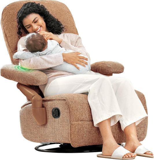 Nursery Swivel Glider Recliner Chair with Adjustable Armrests & Headrest, Rocking Chair Nursery with Removable Cover for Breastfeeding, FSC & Oeko-TEX Certified, Brown