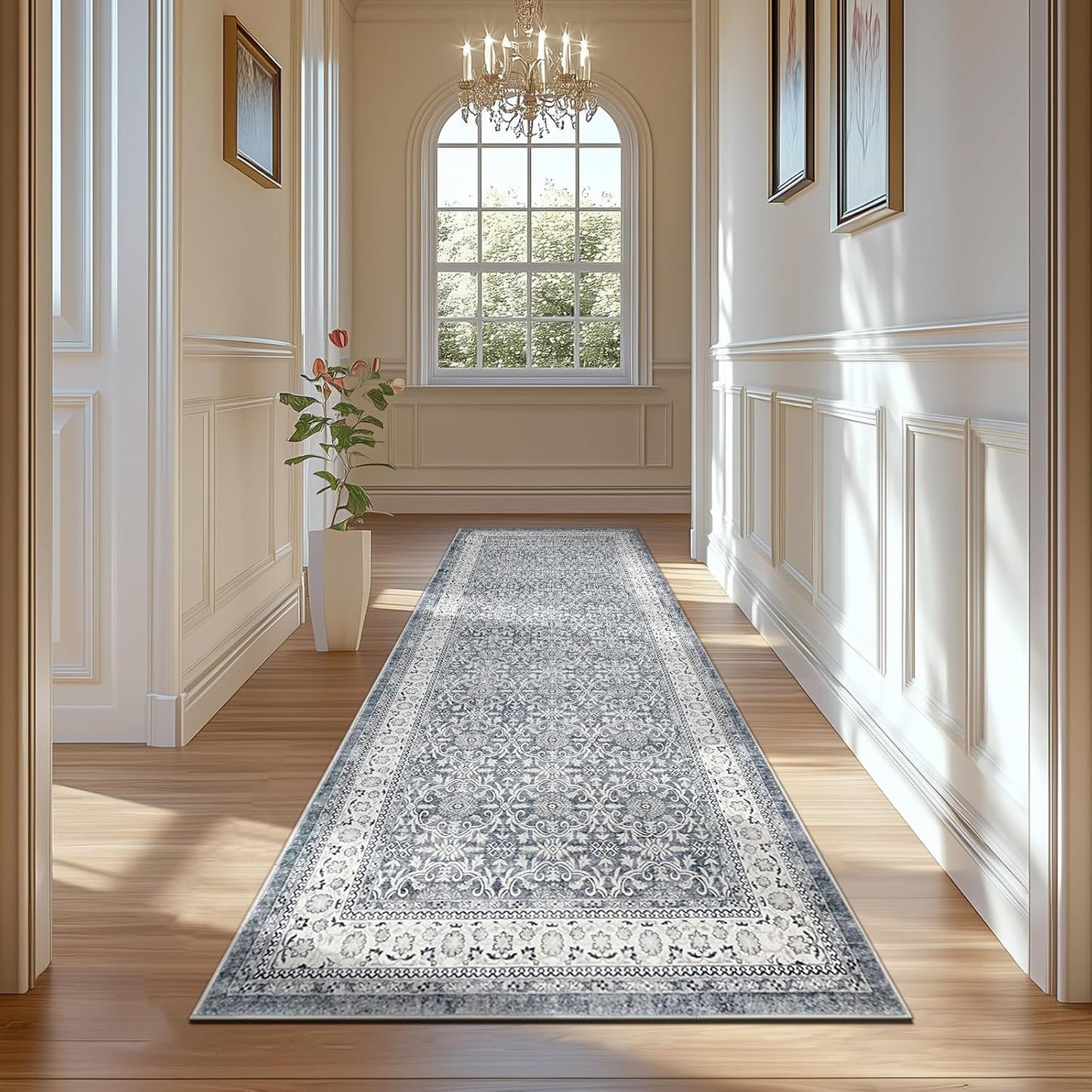 jinchan Hallway Runner Rug 2x10 - Machine Washable Grey Vintage Floral Distressed Design Soft Non-Slip Low-Pile Ultra-Thin Runner Rug for Kitchen Laundry Room Bedroom Farmhouse (2‘x10',Grey)