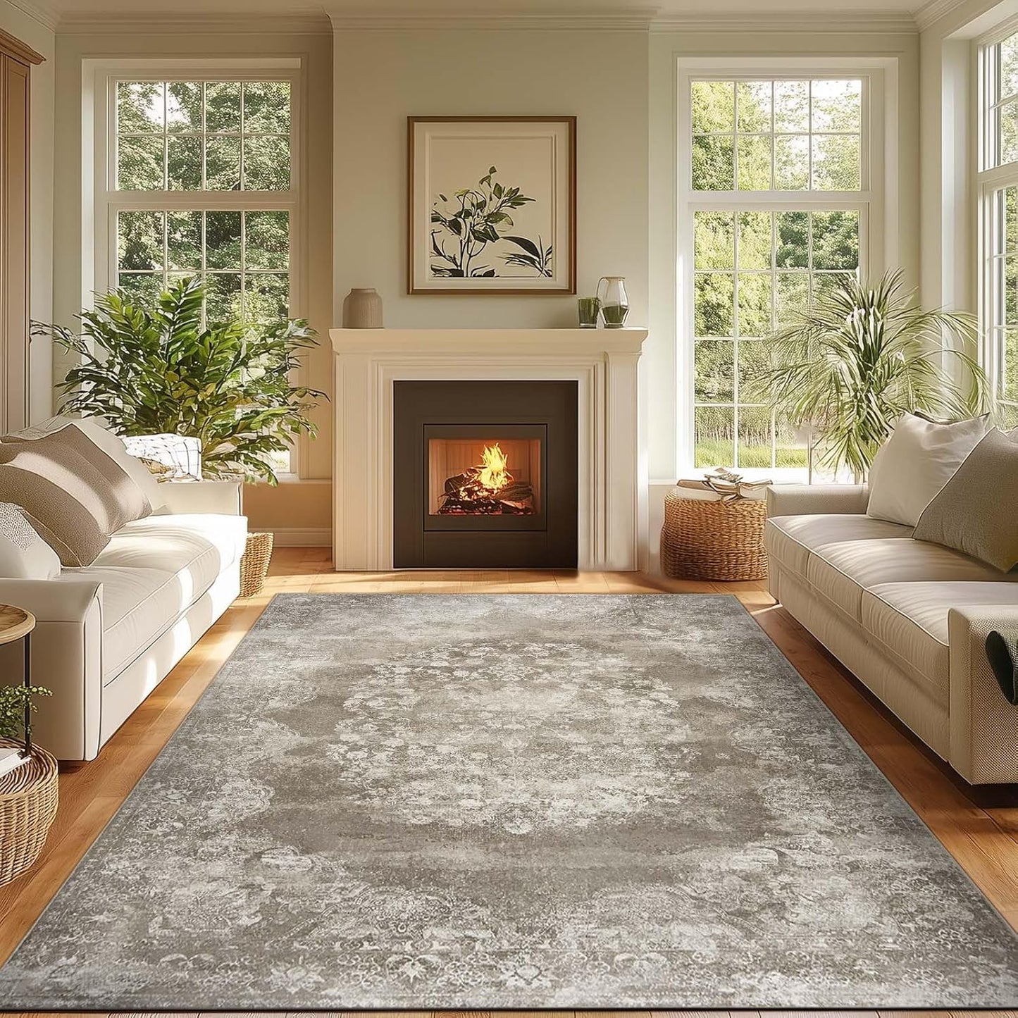 jinchan Washable Area Rug 6x9 for Living Room - Soft Faux Wool Ultra-Thin Stain Resistant Non-Slip Distressed Vintage Floral Large Carpet for Bedroom,Dining Room,Home Office,Nursery(Brown, 6'x9')