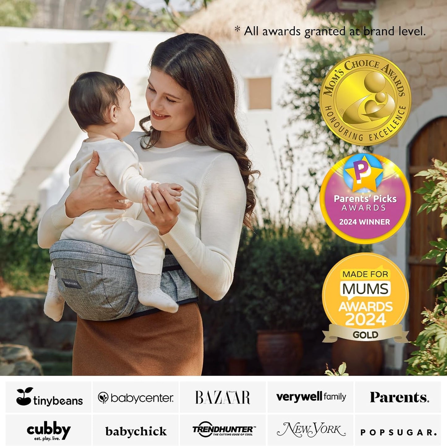 Momcozy Hip Seat Baby Carrier - Adjustable Waistband with Original 3D Belly Protector, Ergonomic Carrier with Various Pockets for Toddlers up to 45lbs (Grey, Medium 27-45IN)