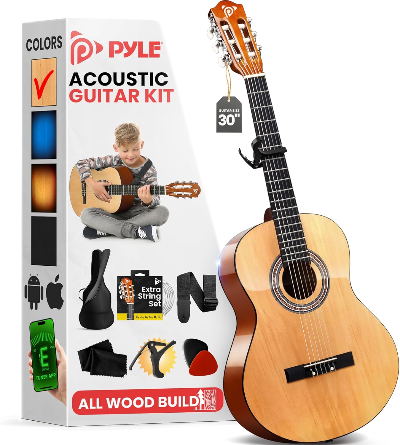 Pyle Beginner Acoustic Guitar Kit, 1/4 Junior Size All Wood Build Nylon Stringed Instrument with Capo, Strap, Extra String Set, Gig Bag, Guitars for Beginners Adults Youth, 30" Natural Gloss