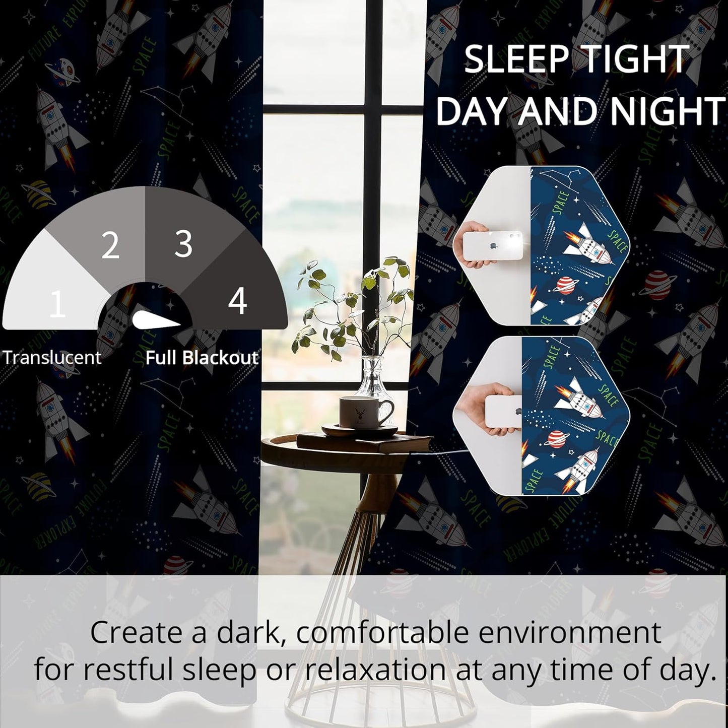 Kids Space Rocket Blackout Curtains - 100% Blackout, Thermal Insulated, Noise Reducing, Perfect for Kids Room and Nursery, 2 Panels (Future Explorer Rockets, W52×L63)