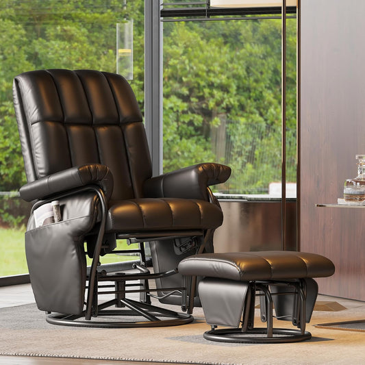 JIASTING 360° Swivel Recliner Chair with Ottoman & Double Side Pockets, Nursing Glider Rocking Recliner Chair, Gliding Chair for Nursery, Living Room, Office, Bedroom, Metal Frame (Black 1)