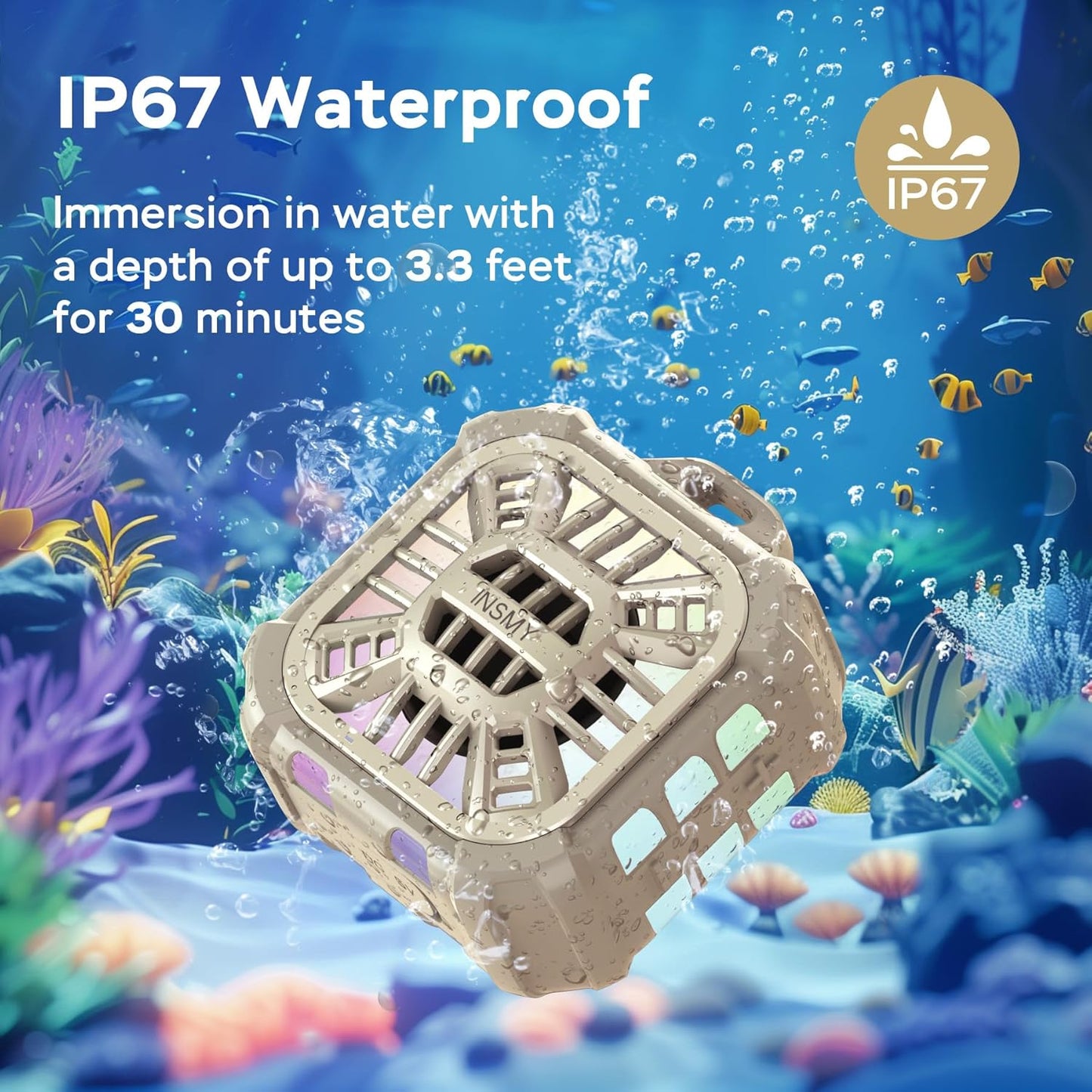 INSMY Shower Bluetooth Speaker, IP67 Waterproof Portable Small Multi Sync 100+ Speakers, Big Volume Booming Bass, 24H Playtime/Floatable/RGB Lights for Outdoor/Kayak/Beach/Golf (Khaki)