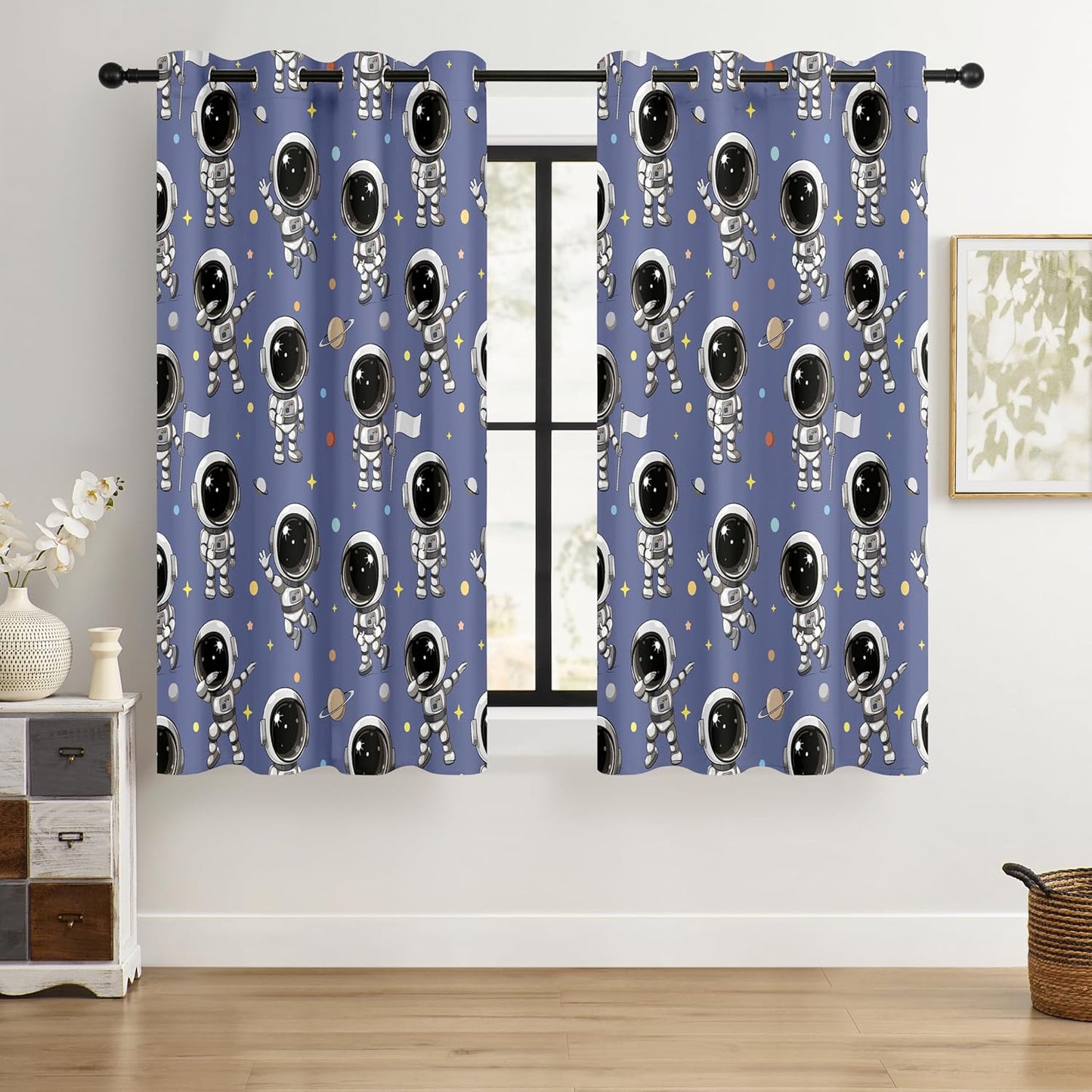 Kids Space Astronaut Blackout Curtains - 100% Blackout, Thermal Insulated, Noise Reducing, Perfect for Kids Room and Nursery, 2 Panels (Spacewalk Buddies, W52×L63)
