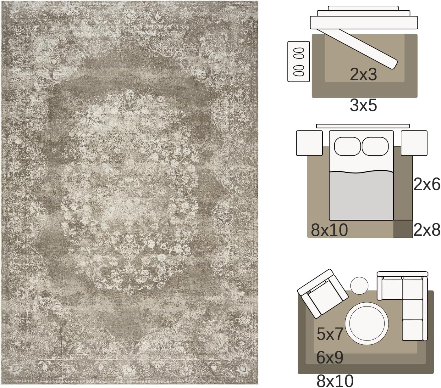 jinchan Washable Area Rug 6x9 for Living Room - Soft Faux Wool Ultra-Thin Stain Resistant Non-Slip Distressed Vintage Floral Large Carpet for Bedroom,Dining Room,Home Office,Nursery(Brown, 6'x9')
