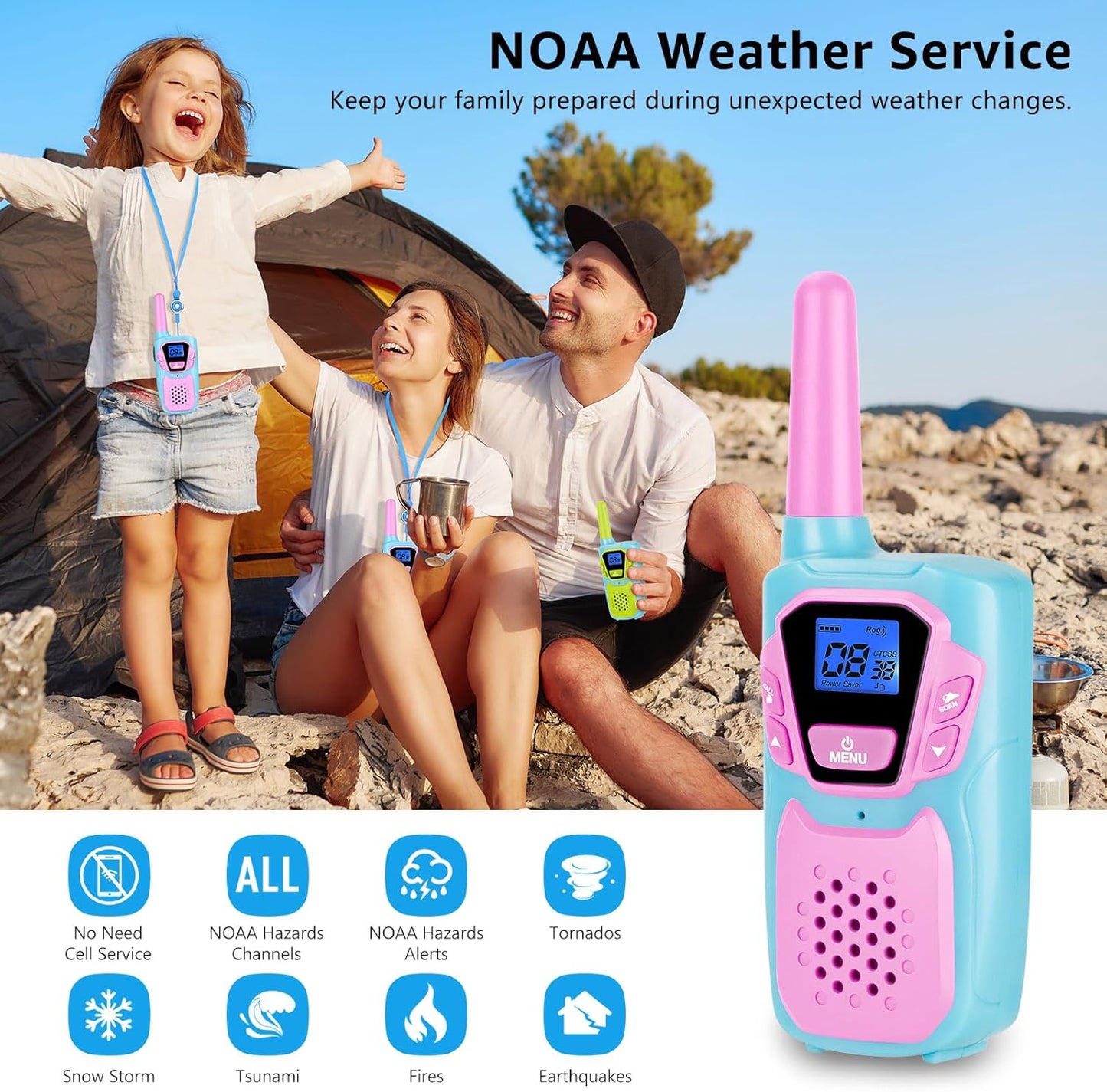 Walkie Talkies for Kids Long Range Rechargeable 4 Miles NOAA Walkie-Talkies for Adults Seniors Toddlers Boys Girls Teens 3 Pack, Family Pink 2 Way Radio Toy for Adventure Camping Skiing Cruise
