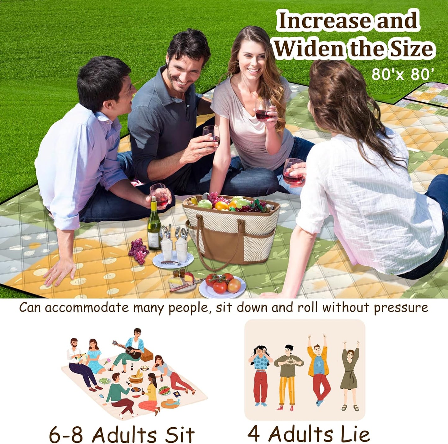 Extra Large Picnic Blanket Waterproof,80"x 80"Foldable Machine Washable Beach Blanket,Outdoor Blanket for 6-8 Adults,Suitable for Indoor Crawling,Park Beach,Camping,Hiking,Family Travel(Colorful)