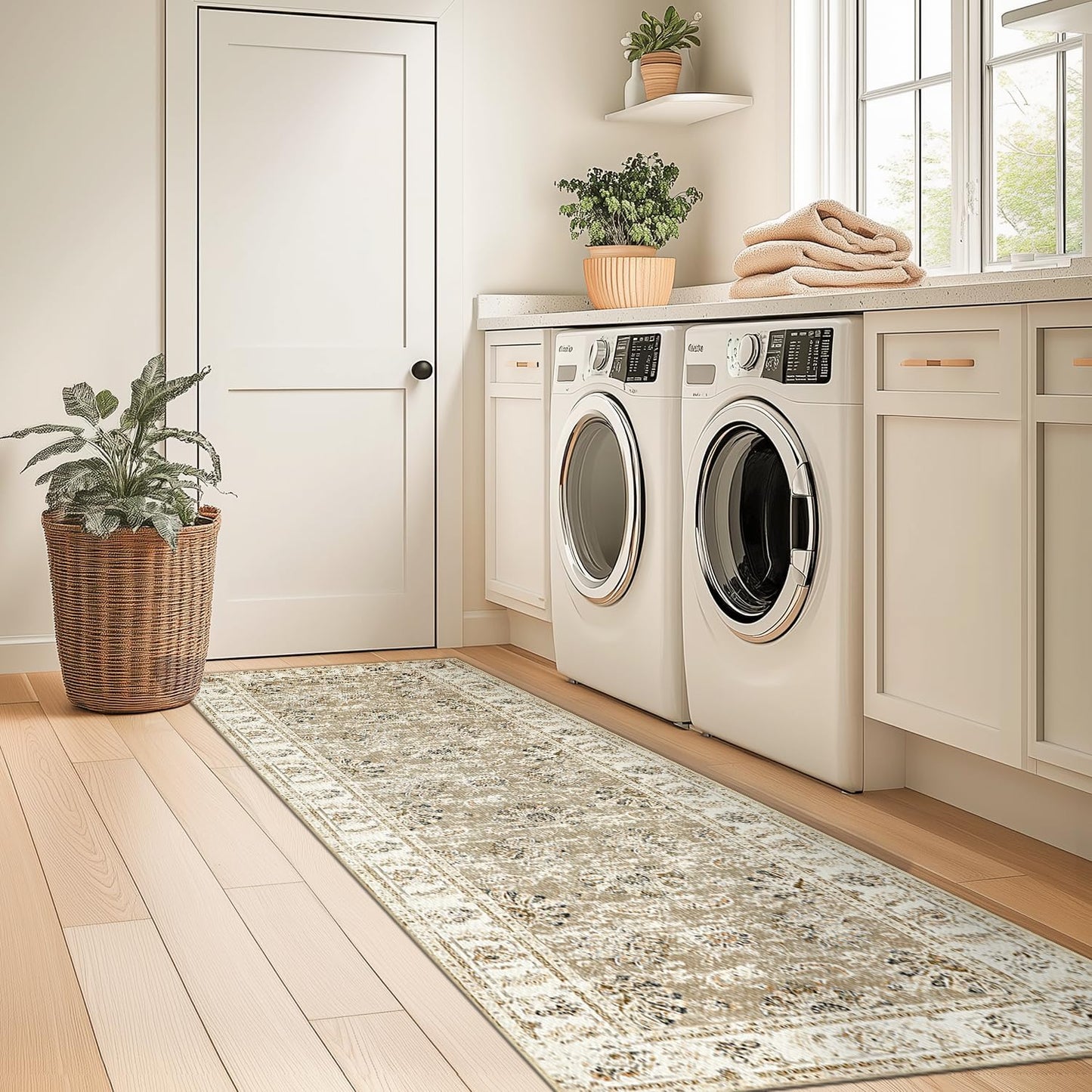 jinchan Runner Rug 2x5 Machine Washable Hallway Rug Taupe Vintage Floral Print Non-Slip Low Pile Ultra-Thin for Kitchen,Entryway,Laundry Room,Bedroom,Farmhouse (2‘x5’,Taupe)