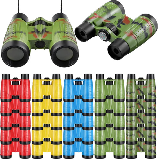 25 Pack Binoculars for Kids 6+ Years Old, with Compass and Neck String Toddler Toy Binoculars Gift Set for Camping Adventure, Party Favor, Red, Yellow, Camo, Green, Blue