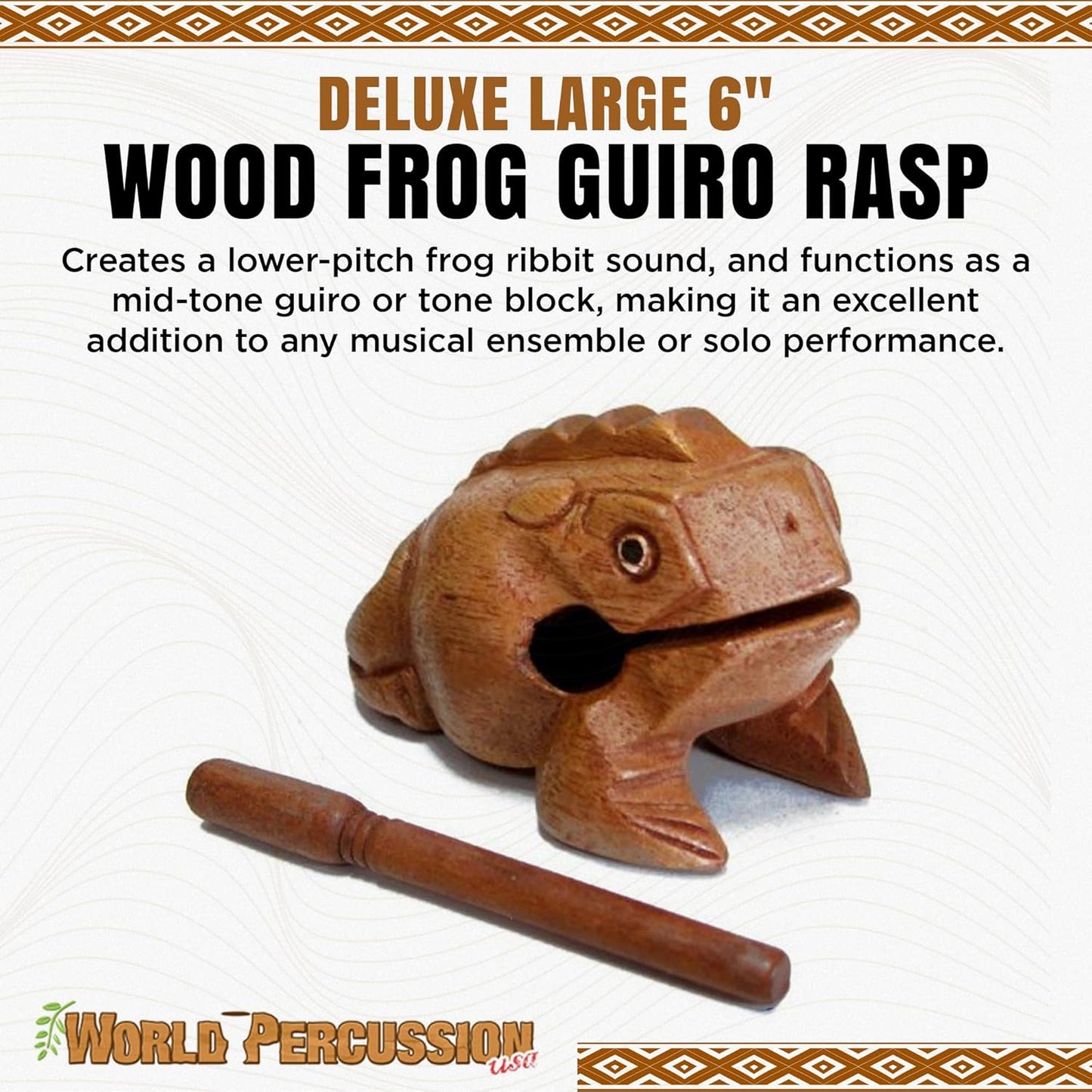 Deluxe Large 6" Wood Frog Guiro Rasp - Musical Instrument Tone Block - Wooden Frog with Stick, Noise Maker by World Percussion USA