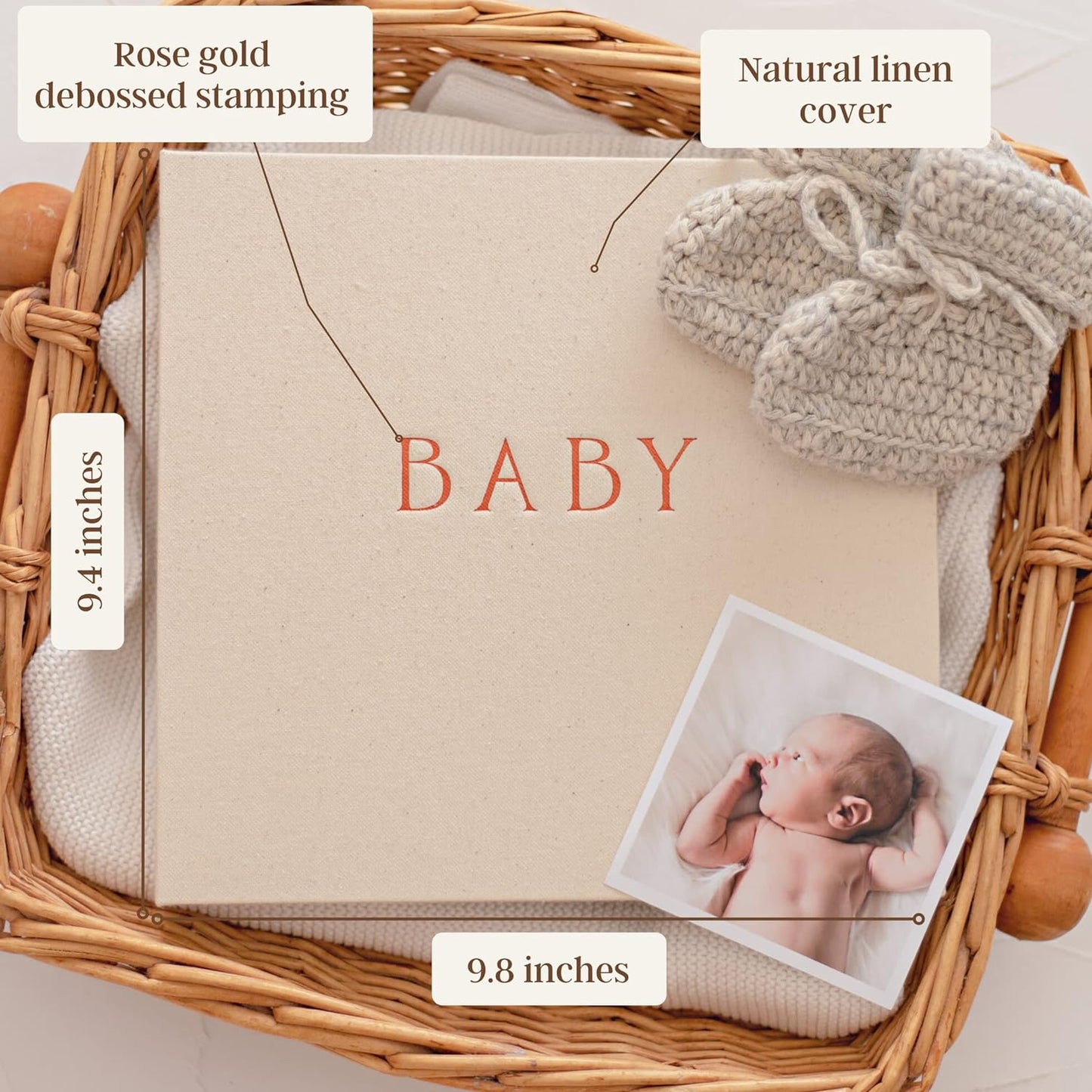 Peachly Unisex Baby Memory Book, Minimalist Baby First Year Keepsake for Milestones, Simple Baby Scrapbook for Boy Girl Milestones, Natural Linen (Haven)