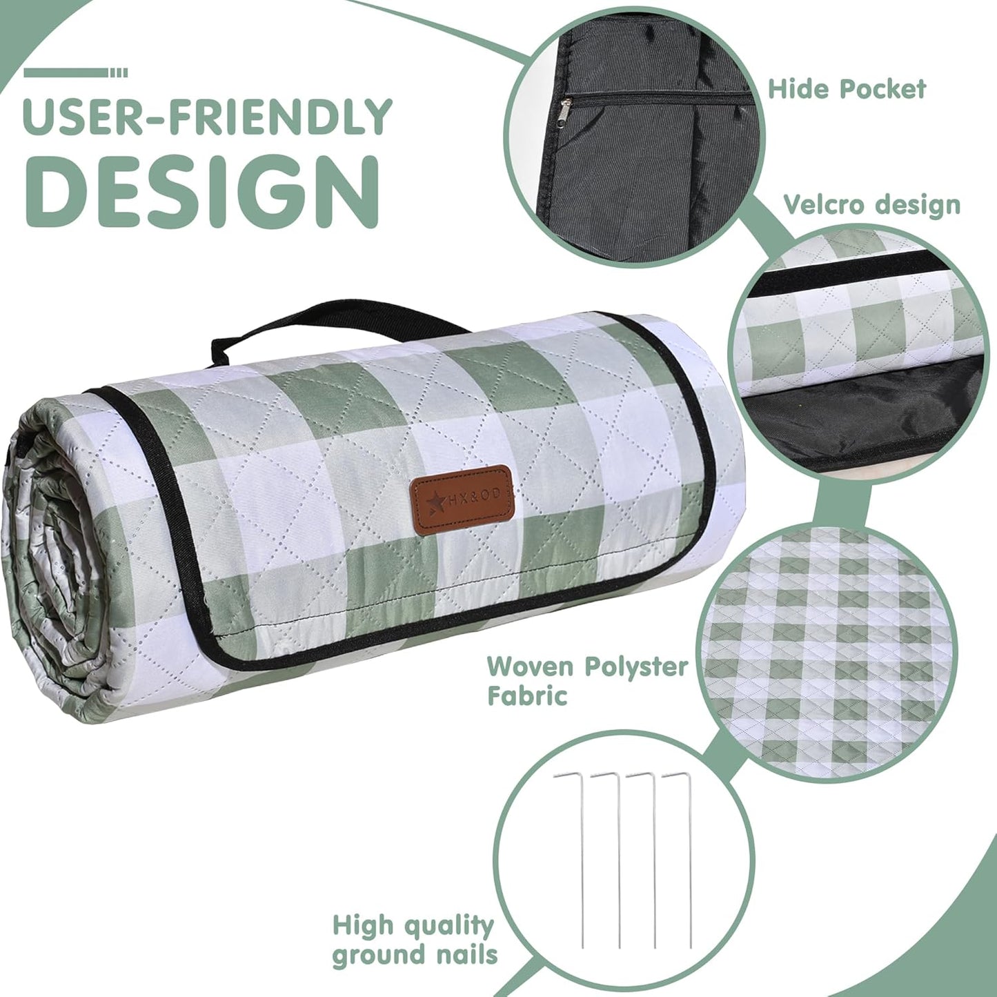 HX&OD Outdoor Picnic Blanket, Extra Large, 80''x80'' Waterproof Foldable Blankets Gingham Picnic Mat for Beach, Camping Grass Lawn Park Accessories Cute Couple Ideas Wedding (Green, 80”x80”)