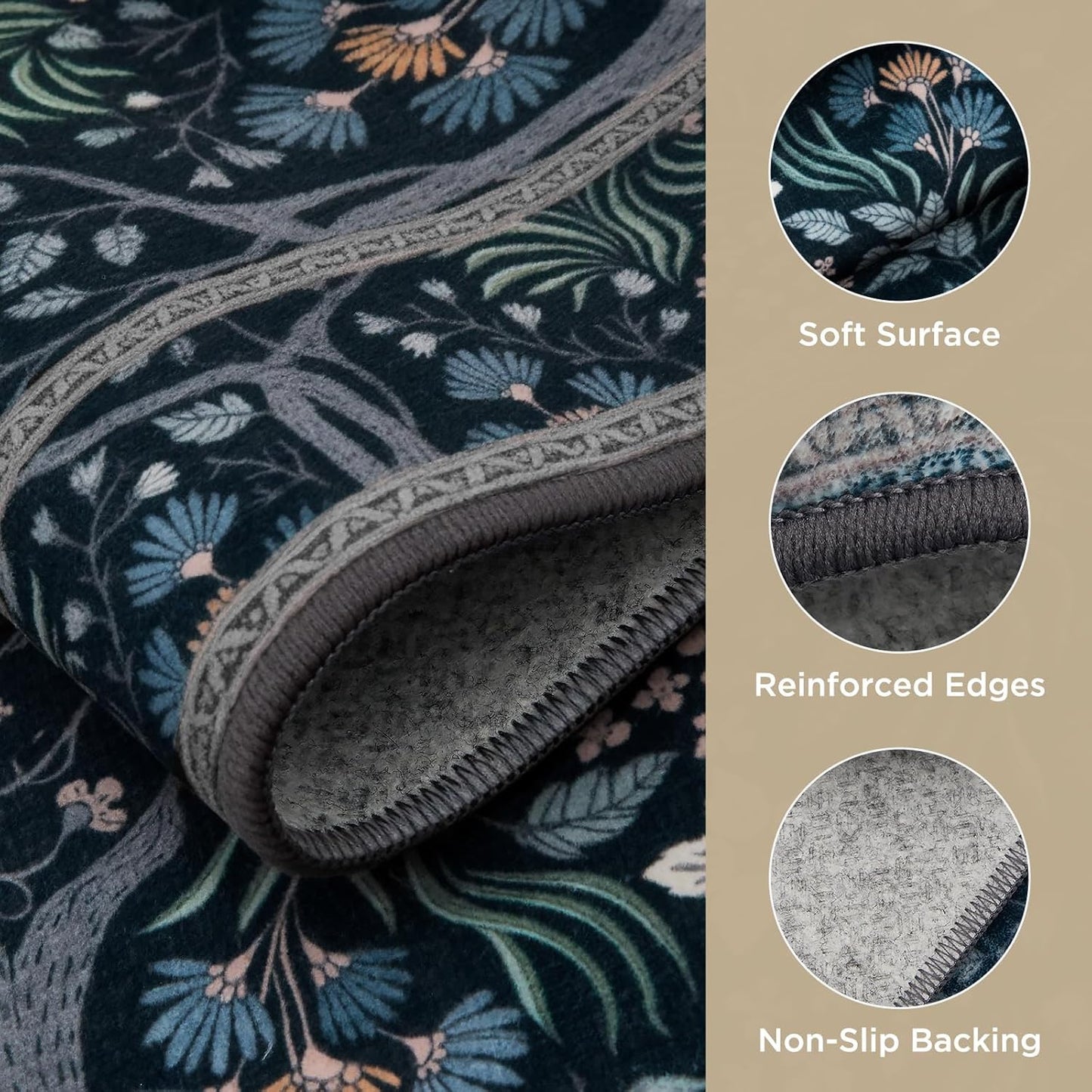 Joydeco Floral Living Room Rugs, Washable Large Bedroom Rug 8x10 Under Bed Non Slip, Soft Forest Botanical Low-Pile Floor Indoor Throw Carpet for Dining Table Home Office, Blue-Black