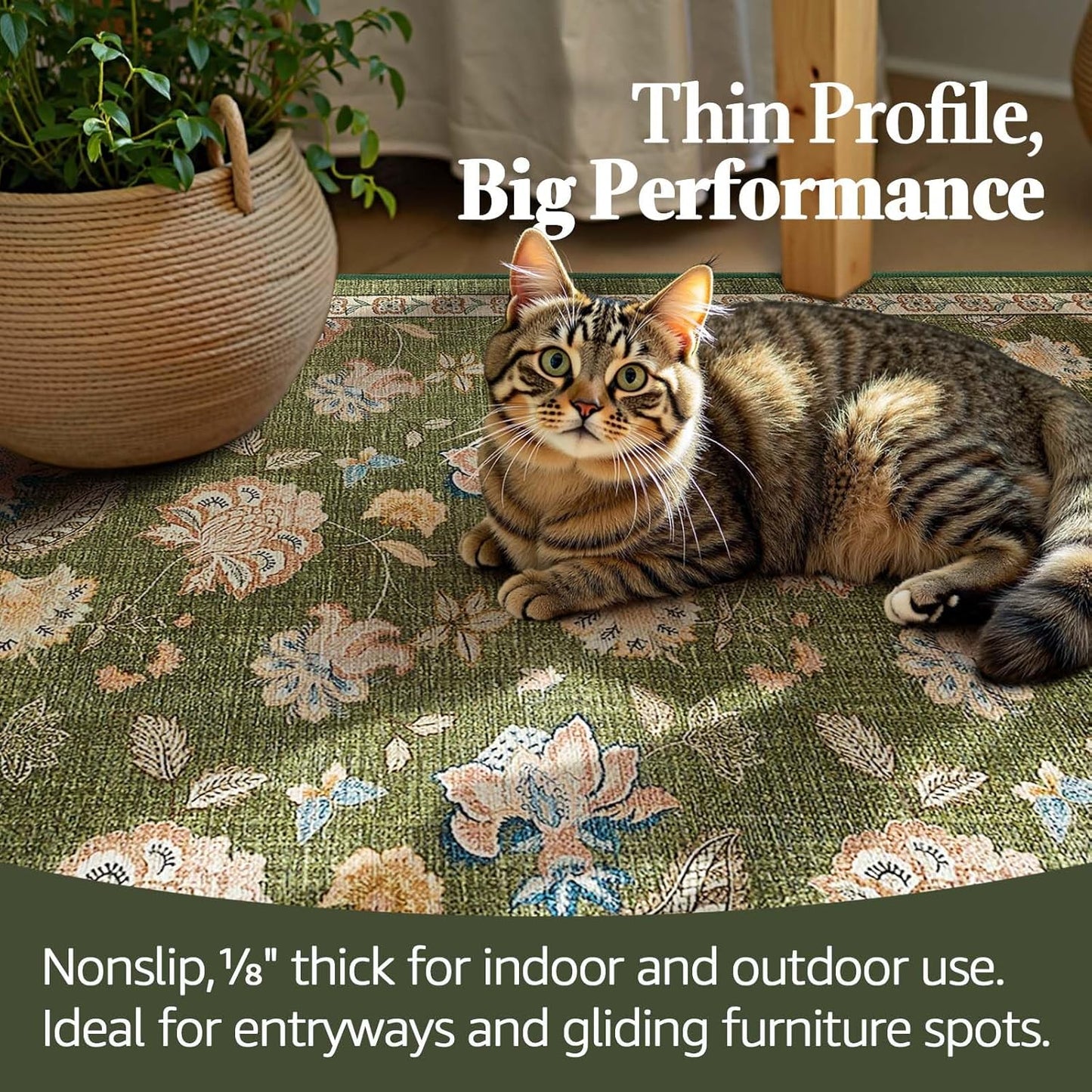 jinchan Floral Corner Rug for Living Room Washable Bedroom Rug Vintage Romance Design Non Slip Quarter Circle Lightweight Low-Pile Throw Carpet for Reading Nook Playroom,7ft Radius, Green