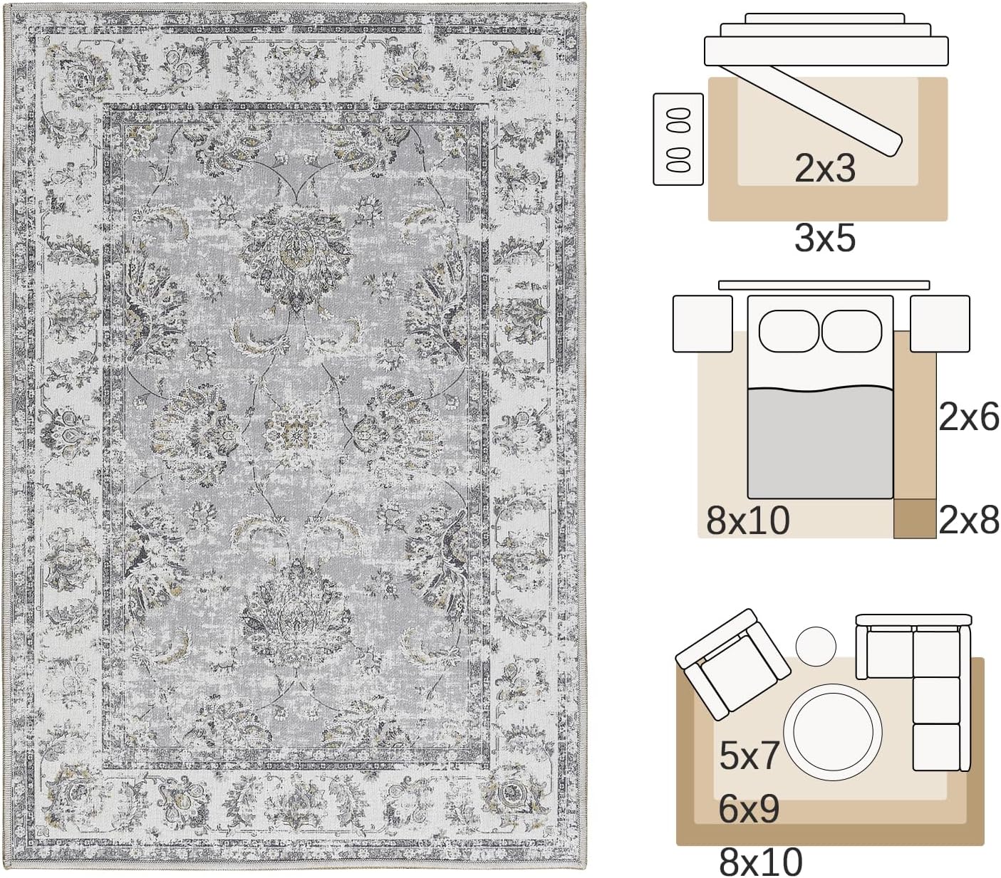 jinchan Floral 3x5 Area Rugs for Entryway - Machine Washable Taupe Vintage Distressed Design Doormat Non-Slip Ultra-Thin Low Pile Boho Rug for Kitchen Living Room Bedroom Farmhouse (3‘x5',Grey)