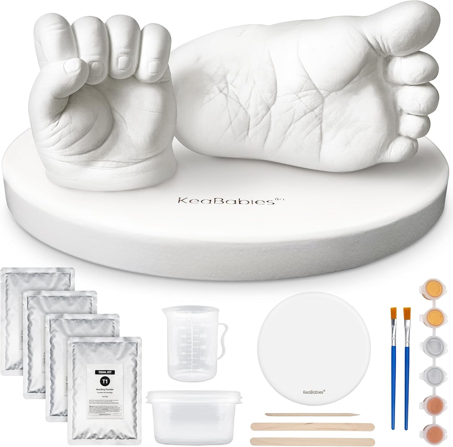 KeaBabies Baby Casting Kit Hands and Feet Mold - 3D Newborn Hand Casting Kit & Stylish Wood Base,Easy DIY Infant Foot Molds 0-9 Months,BPA-Free Baby Keepsake,Shower Gifts for Moms (Round,Alpine White)