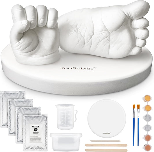 KeaBabies Baby Casting Kit Hands and Feet Mold - 3D Newborn Hand Casting Kit & Stylish Wood Base,Easy DIY Infant Foot Molds 0-9 Months,BPA-Free Baby Keepsake,Shower Gifts for Moms (Round,Alpine White)