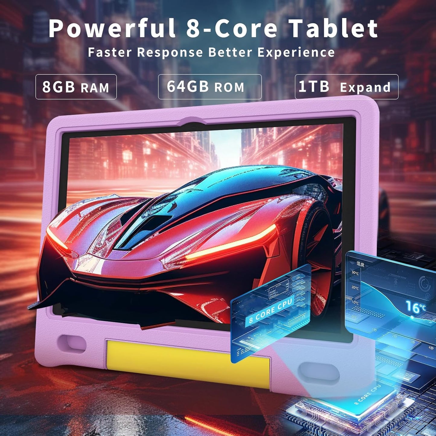 Kids Tablet with Strap, Android 14 Tablet for Kids 10 inch, Toddler Tablets Octa-Core 64GB 1TB Expandable, Children's Tablets with Case, Bluetooth WiFi Parental Control Dual