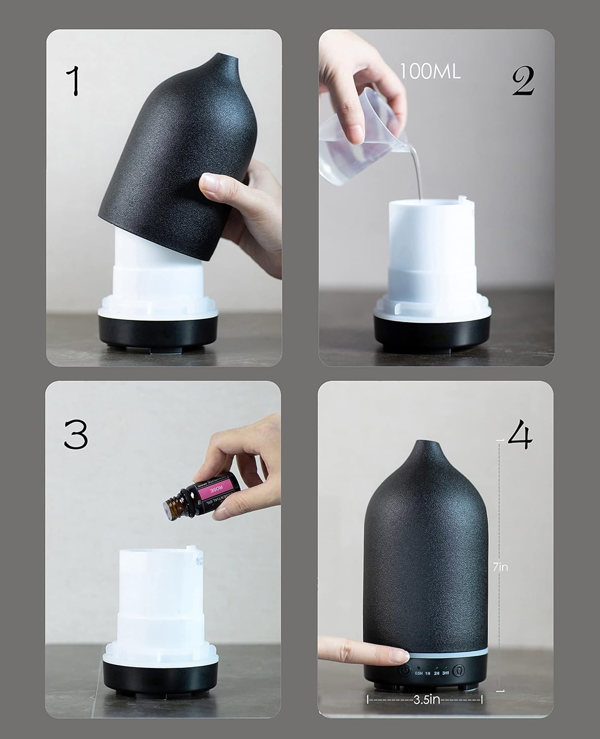 Essential Oil Diffuser,Handcrafted Ceramic Diffuser for Home,Ultrasonic Cool Mist Air Diffuser, 9 Colors Night Light with Timer (Black)