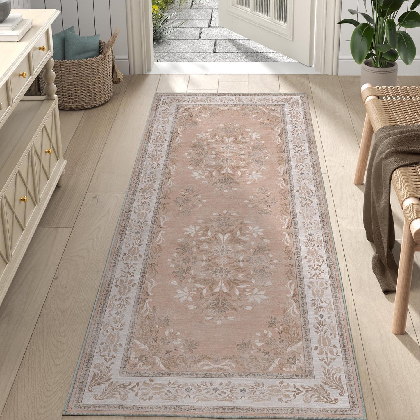 jinchan Vintage Floral Runner Rug 2x5 - Machine Washable Distressed Design Non-Slip Low-Pile Soft Thin Carpet for Hallway Kitchen Farmhouse Bedroom Entryway Laundry Room (2x5ft,Coral Pink)