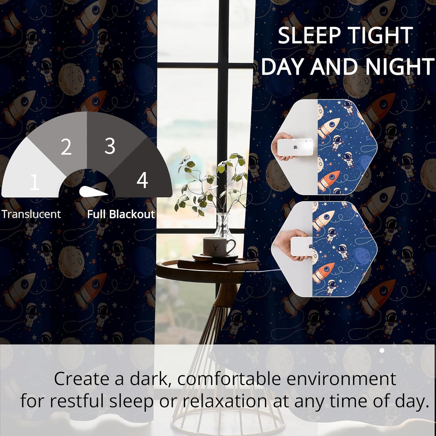 Kids Space Astronaut and Rocket Blackout Curtains - 100% Blackout, Thermal Insulated, Noise Reducing, Perfect for Kids Room and Nursery, 2 Panels (Orbiting Astronauts, W52×L84)