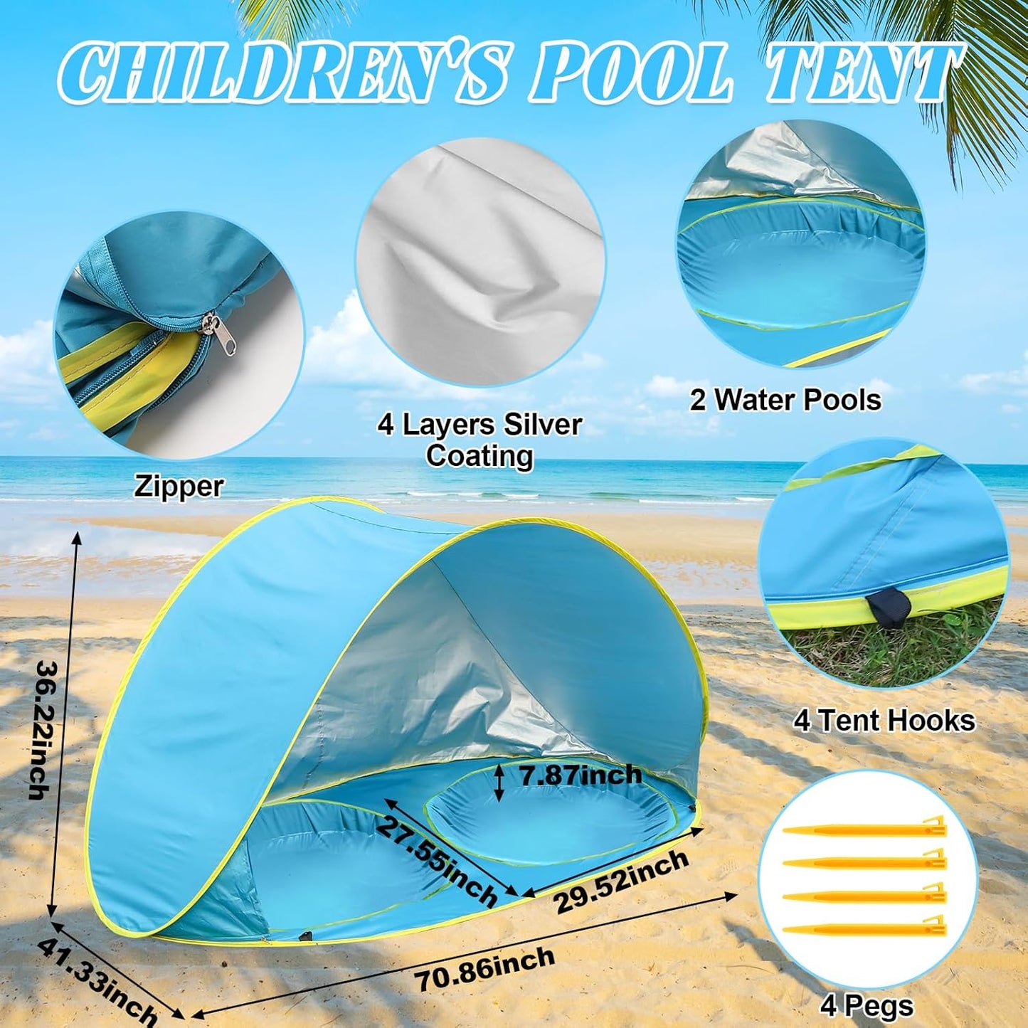 Baby Beach Tent-2 Pools Pop Up UPF 50+ Sunshade with Carry Bag, Portable for Travel,Beach,Camping,Indoor