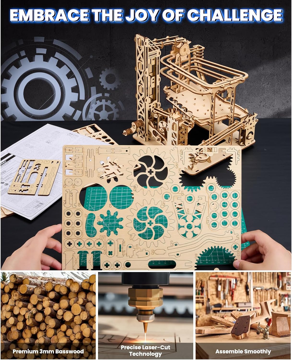 3D Wooden Puzzles for Adults: 371pcs Marble Run Model Building Kits Toys for Ages 14+ - DIY Crafts Brian Teaser Marble Run Wooden Puzzles with Roller Coaster Building Set - Gift for Adults