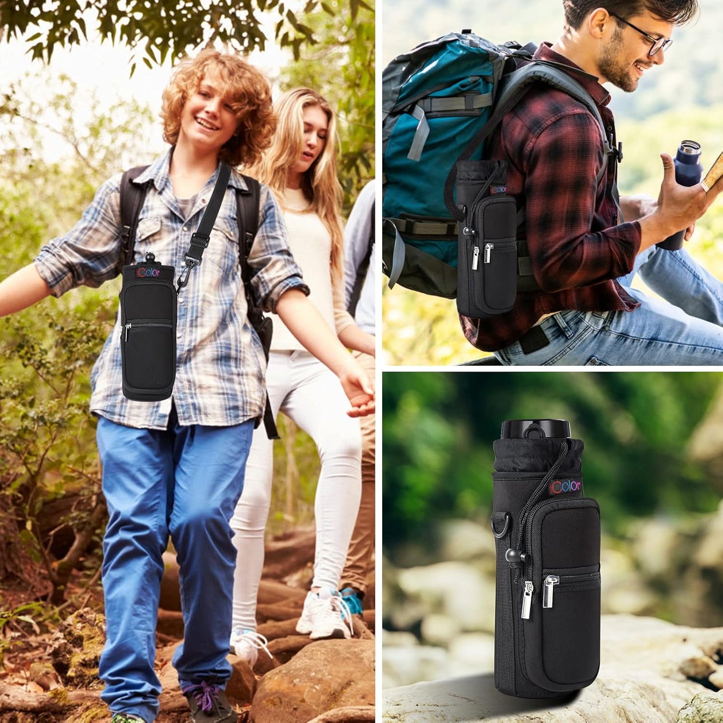 icolor Water Bottle Carrier Bag with Strap 25/32/40 oz Crossbody Bottle Holder with Phone Pocket Sling Sleeve Insulated Neoprene Water Bottle Pouch for Walking Travelling