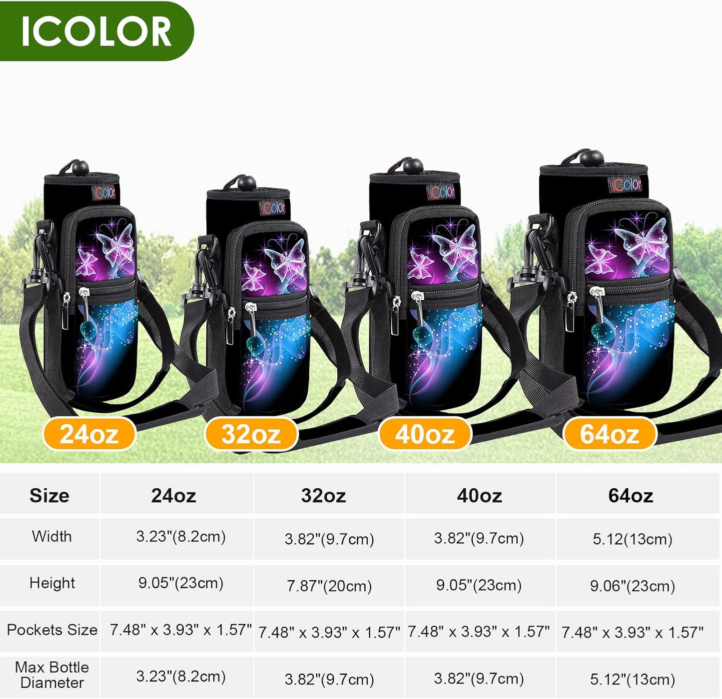 icolor Water Bottle Carrier Bag with Strap 25/32/40 oz Crossbody Bottle Holder with Phone Pocket Sling Sleeve Insulated Neoprene Water Bottle Pouch for Walking Travelling