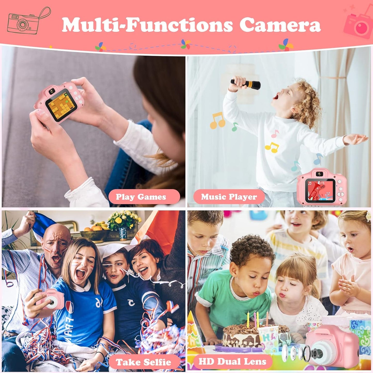 Kids Camera, HD Digital Video Camera,Childrens Toys for 3 4 5 6 7 8 9 Year Old Boys/Girls, Selfie Camera for Kids, Christmas Birthday Gifts with 32GB SD Card(Pink)